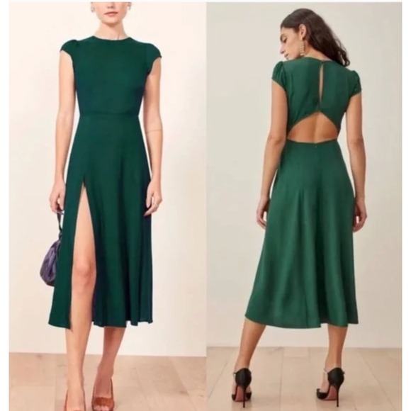 Reformation Dresses & Skirts - Reformation Gavin Midi Dress Sz 2 Emerald Green Cut Out Lightweight